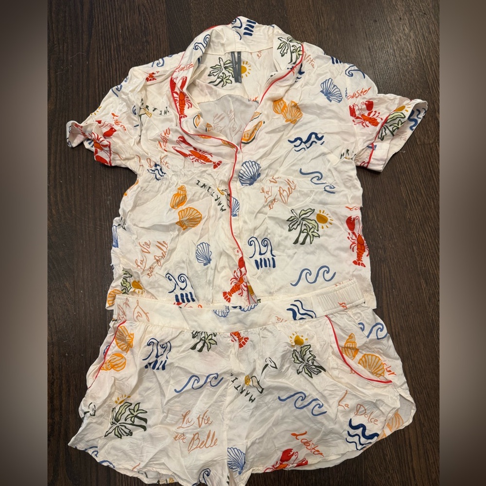 Anthropologie White Shell & Nautical Print Short Pajama Set